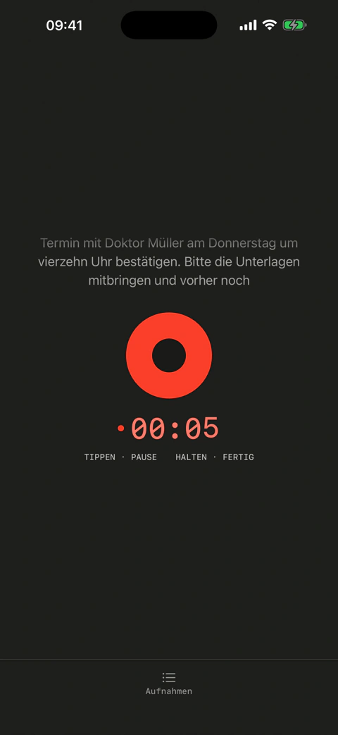 Diktat-Aufnahmebildschirm: Live-Vorschau, roter Aufnahmeknopf, Timer
