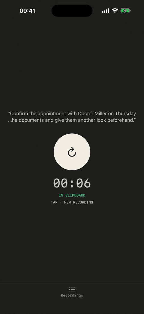 Diktat after stopping: the button turns near-black, the text is in the clipboard