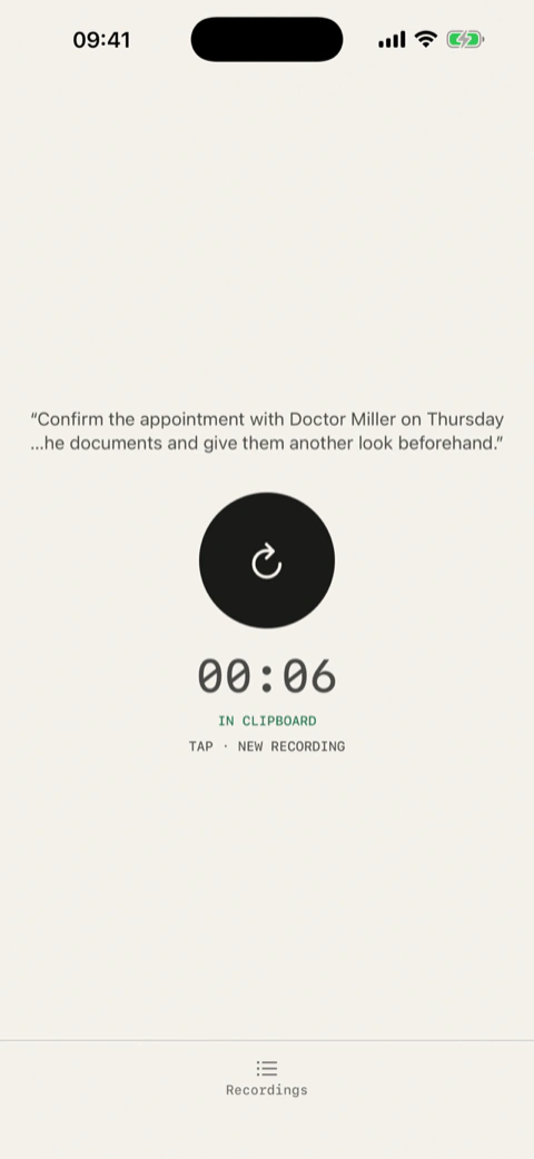 Diktat after stopping: the button turns near-black, the text is in the clipboard