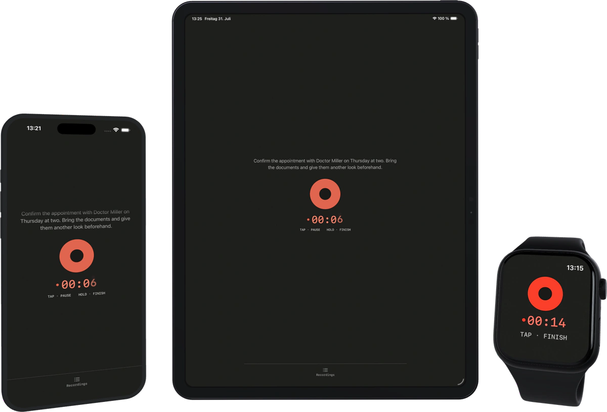 Diktat auf iPhone, iPad und Apple Watch — Aufnahmebildschirm mit rotem Aufnahmeknopf.